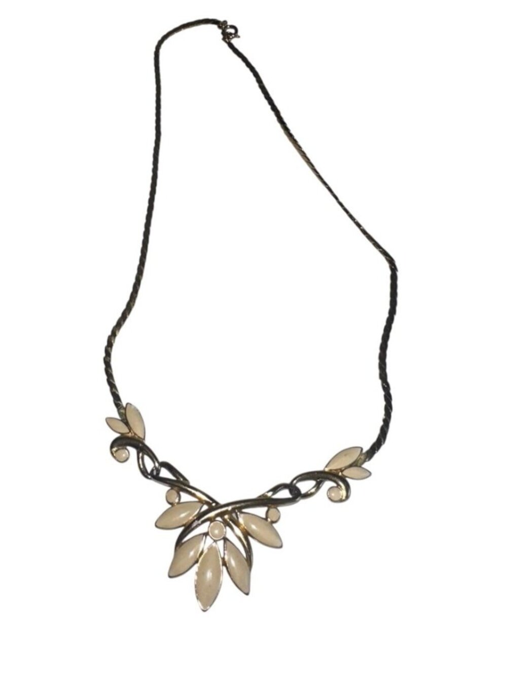 Vintage Goldtone Chain w Trifari Signed Cream Enamel Leaves Pendant Necklace